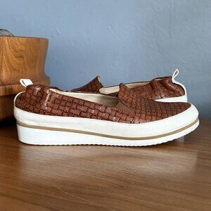 Ron White Neeva Lightweight Woven Leather Wedge Loafers Cognac Sz 38